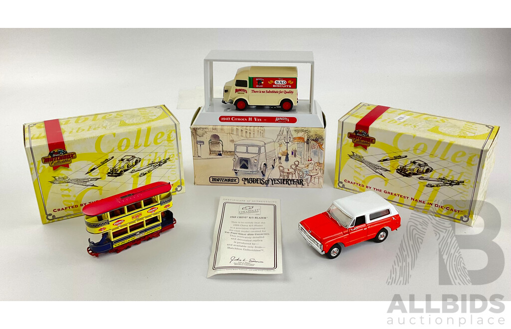 Two Boxed Vintage Matchbox Collectables, Chevy Blazer and Vegemite Tram with Models of Yesteryear 1947 Arnotts Citroen Van