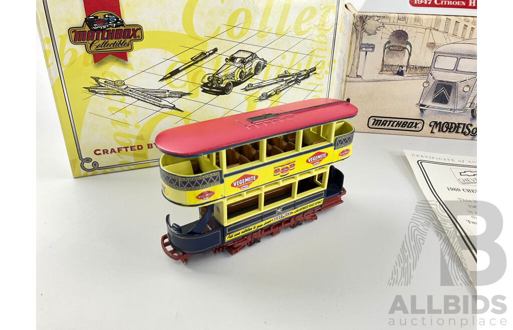 Two Boxed Vintage Matchbox Collectables, Chevy Blazer and Vegemite Tram with Models of Yesteryear 1947 Arnotts Citroen Van