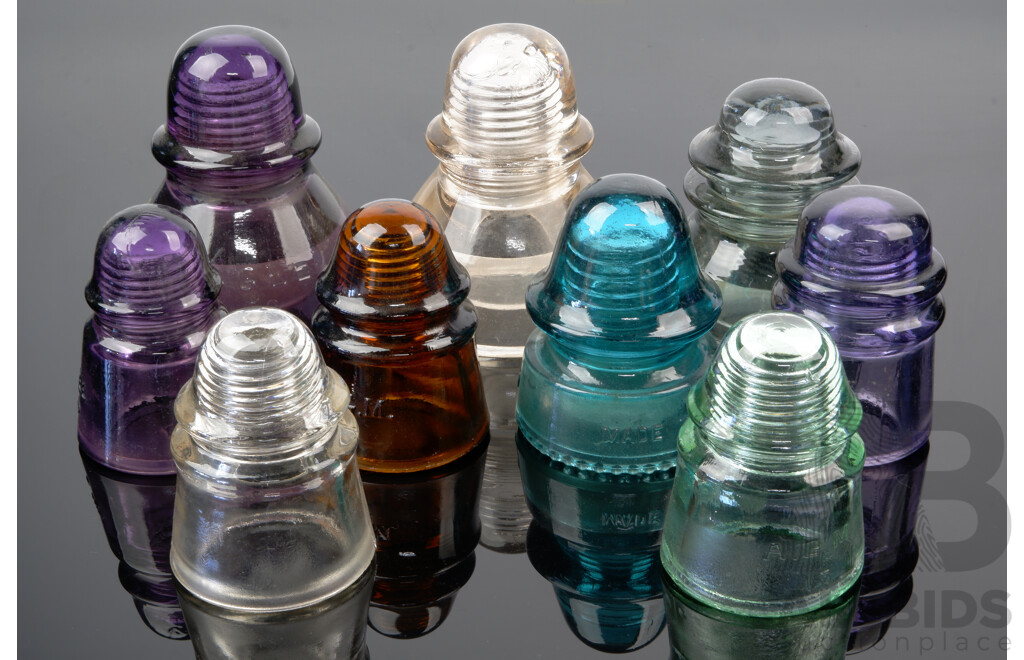 Collection Antique and Vintage Glass Insulators in Different Colours Including Amethyst Purple Examples and More