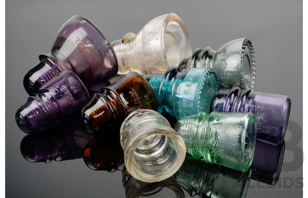 Collection Antique and Vintage Glass Insulators in Different Colours Including Amethyst Purple Examples and More