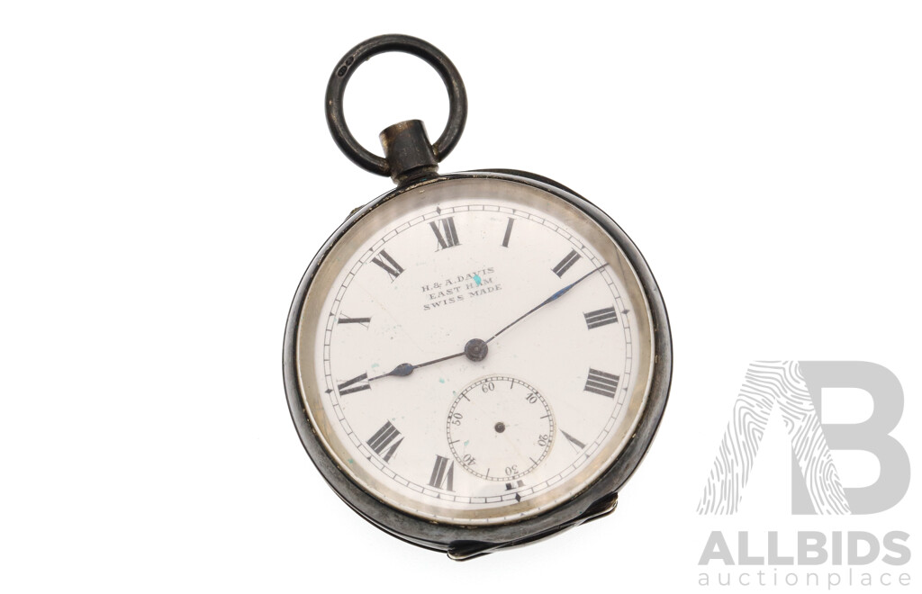 Vintage Sterling Silver H&A Davis East Ham Swiss Made Open Face 50mm Hunter Pocket Watch for Restoration, 94 Grams