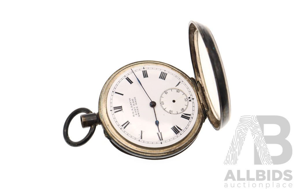 Vintage Sterling Silver H&A Davis East Ham Swiss Made Open Face 50mm Hunter Pocket Watch for Restoration, 94 Grams