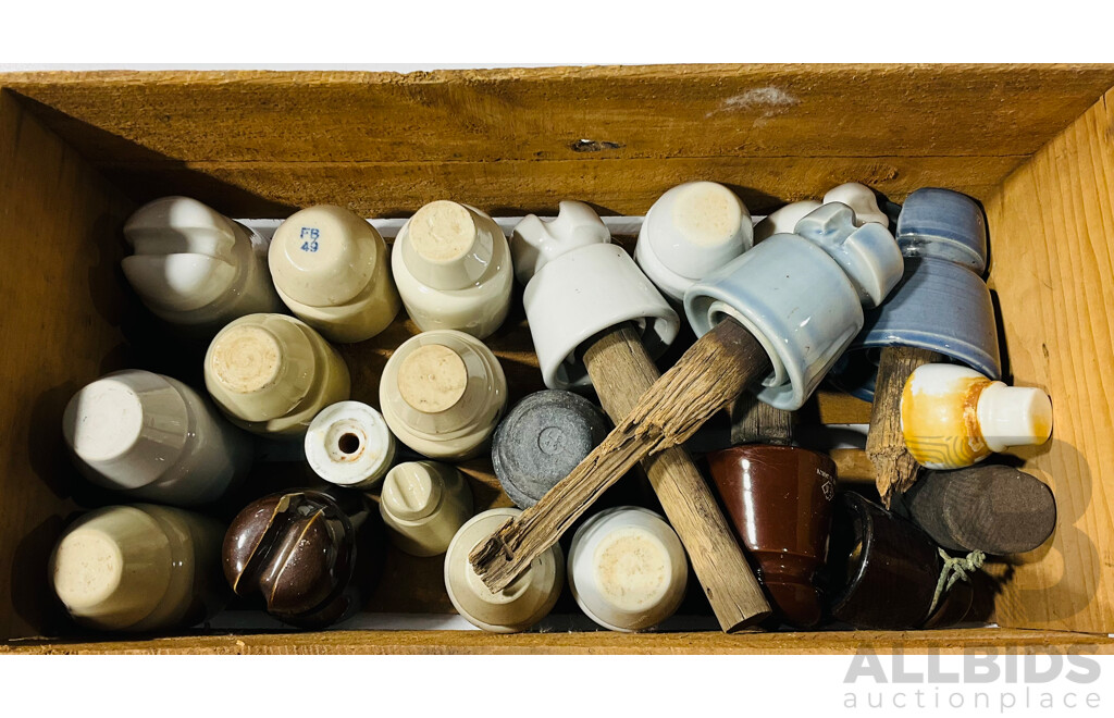 Collection of Vintage Ceramic and Other Insulators in Wooden Crate