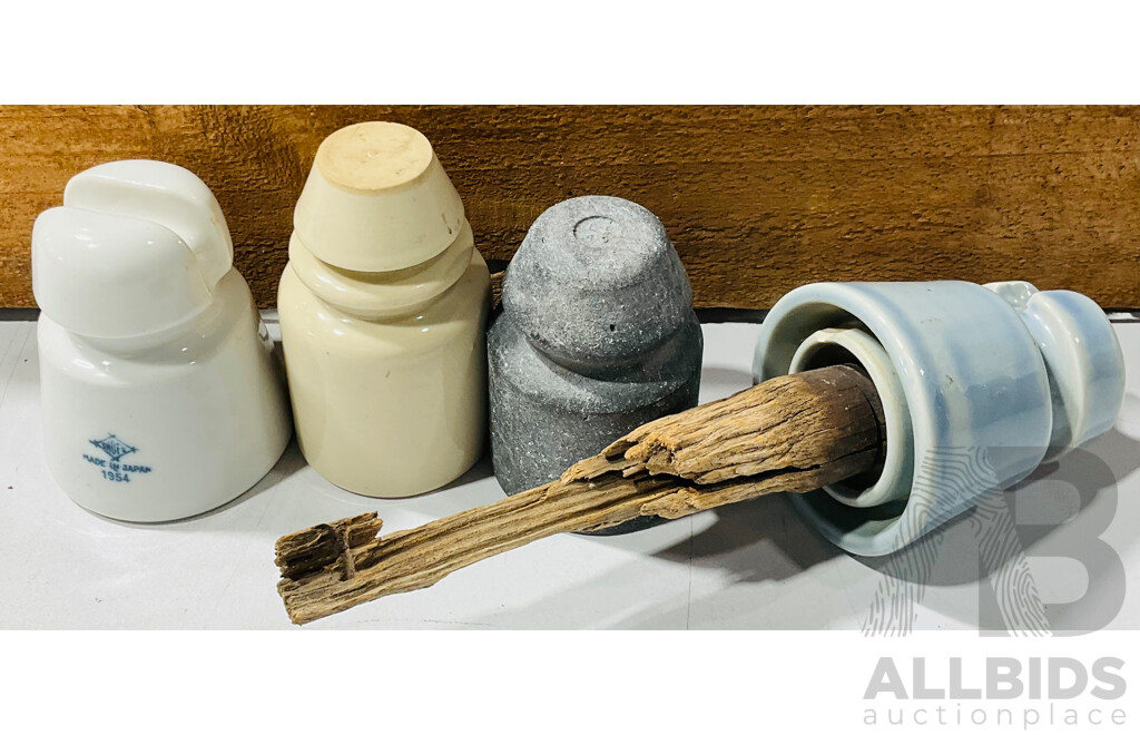 Collection of Vintage Ceramic and Other Insulators in Wooden Crate