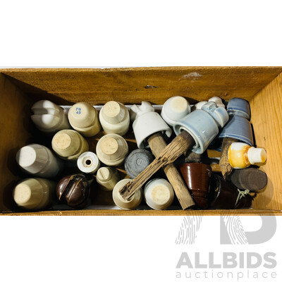 Collection of Vintage Ceramic and Other Insulators in Wooden Crate
