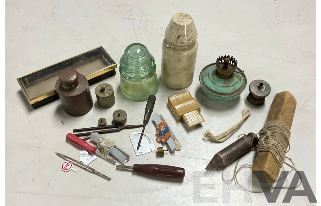 Collection of Vintage Power Line Insulators, Scale Weights and Lamp Parts
