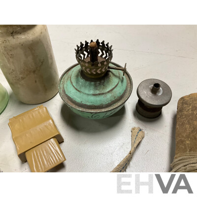 Collection of Vintage Power Line Insulators, Scale Weights and Lamp Parts