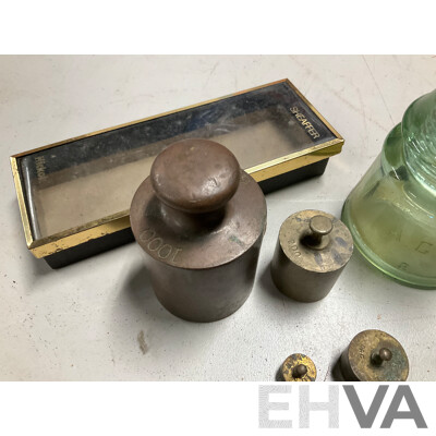 Collection of Vintage Power Line Insulators, Scale Weights and Lamp Parts