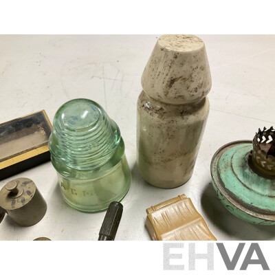 Collection of Vintage Power Line Insulators, Scale Weights and Lamp Parts