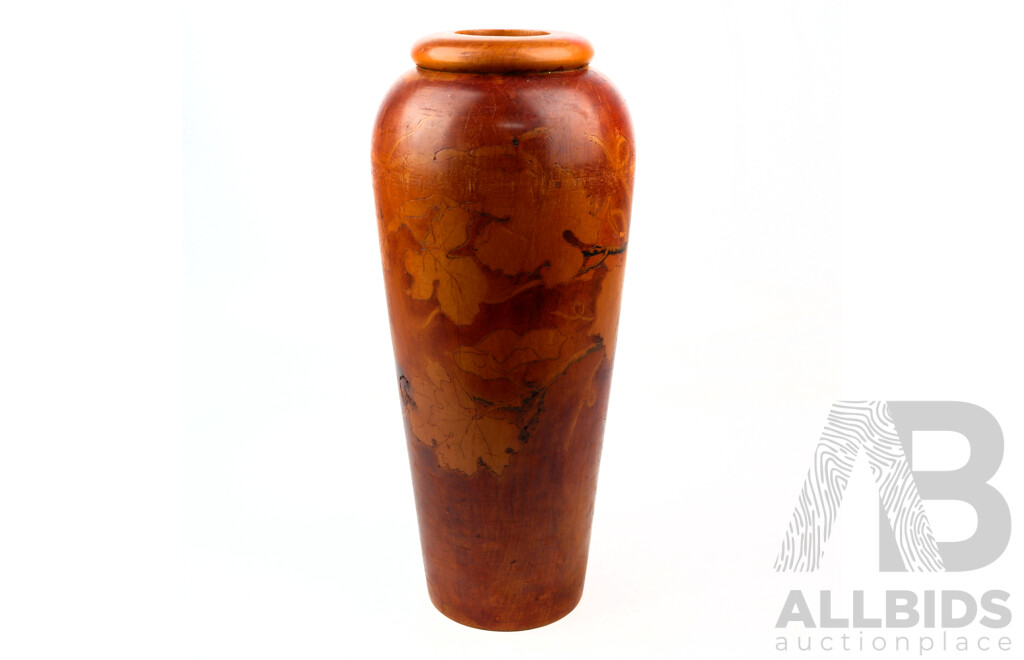 Very Heavy Wooden Vase with Pokerwork Decoration