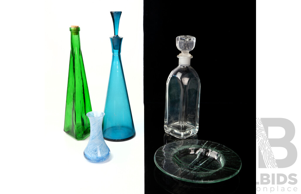 Collection Five Pieces Retro Glasswear Including Blue Glass Decanter with Stopper, Studio Art Glass Vase with Swirl Detail and More