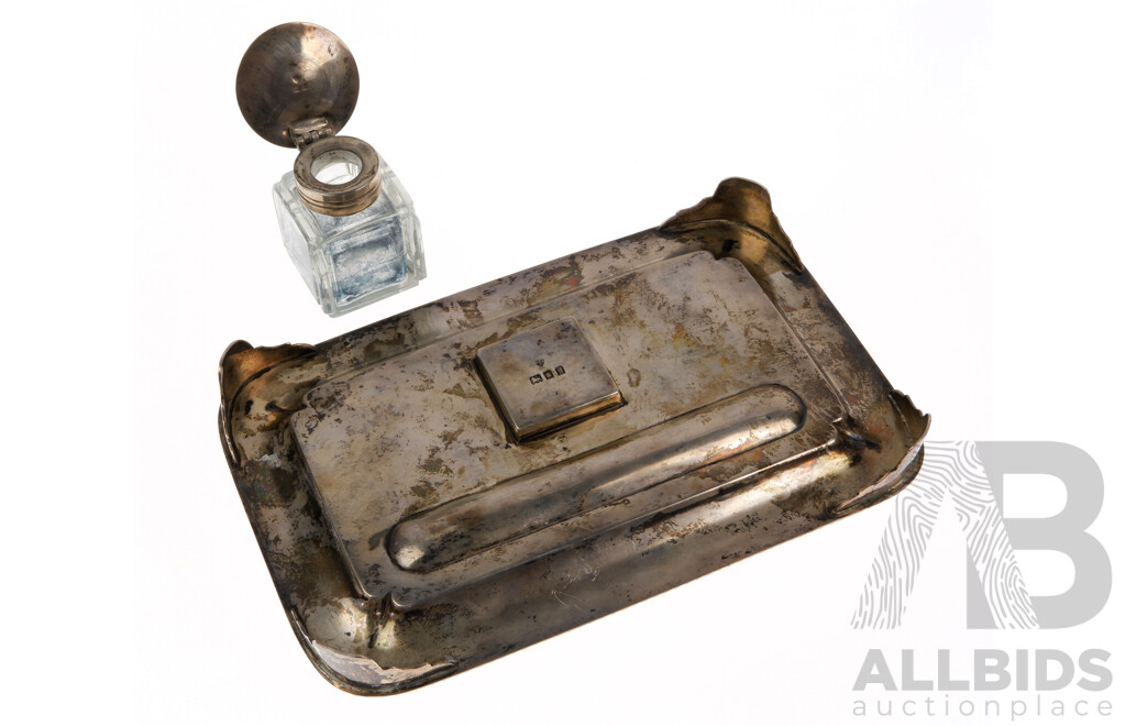 Antique Sterling Silver Ink Well Set with Glass Inkwell and Sterling Silver Lid, London 1922,