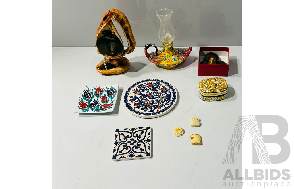 Collection International Souvineerware Including Turkish Iznik Examples, Shell Lamp, Indiginouse Box and More