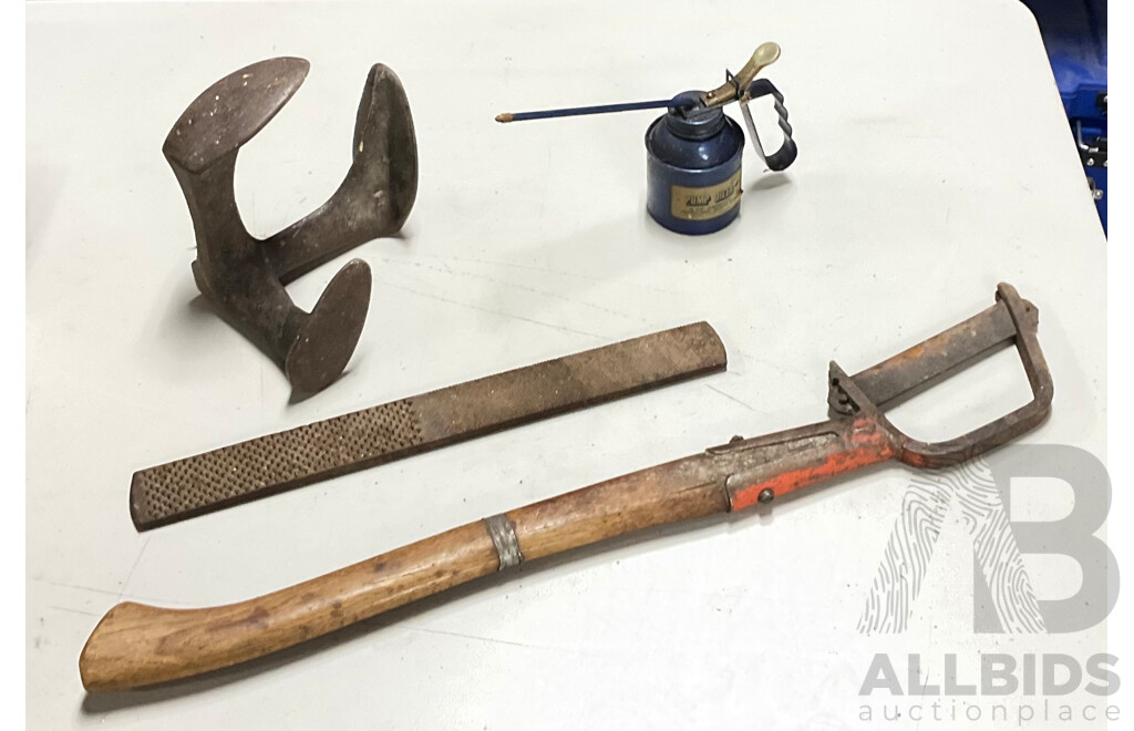 Collection of Vintage Tools Including Large Rasp File, Limbing Tool, Oil Can and Cobblers Cast Iron Anvil