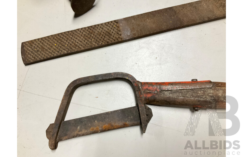 Collection of Vintage Tools Including Large Rasp File, Limbing Tool, Oil Can and Cobblers Cast Iron Anvil