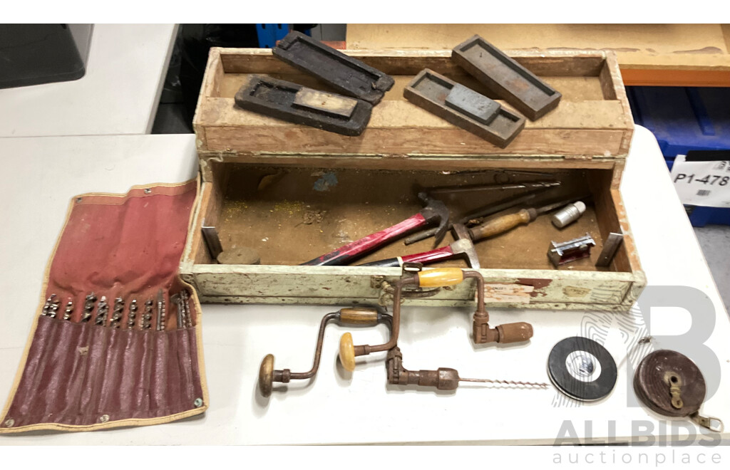 Vintage Carpenters Tool Box with Pouch of Auger Bits, Manual Hand Drills, Sharpening Stone Boxes, Lufkin and Chesterman Measuring Tapes and Hammers