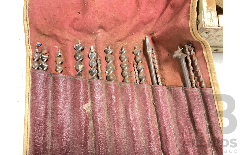 Vintage Carpenters Tool Box with Pouch of Auger Bits, Manual Hand Drills, Sharpening Stone Boxes, Lufkin and Chesterman Measuring Tapes and Hammers