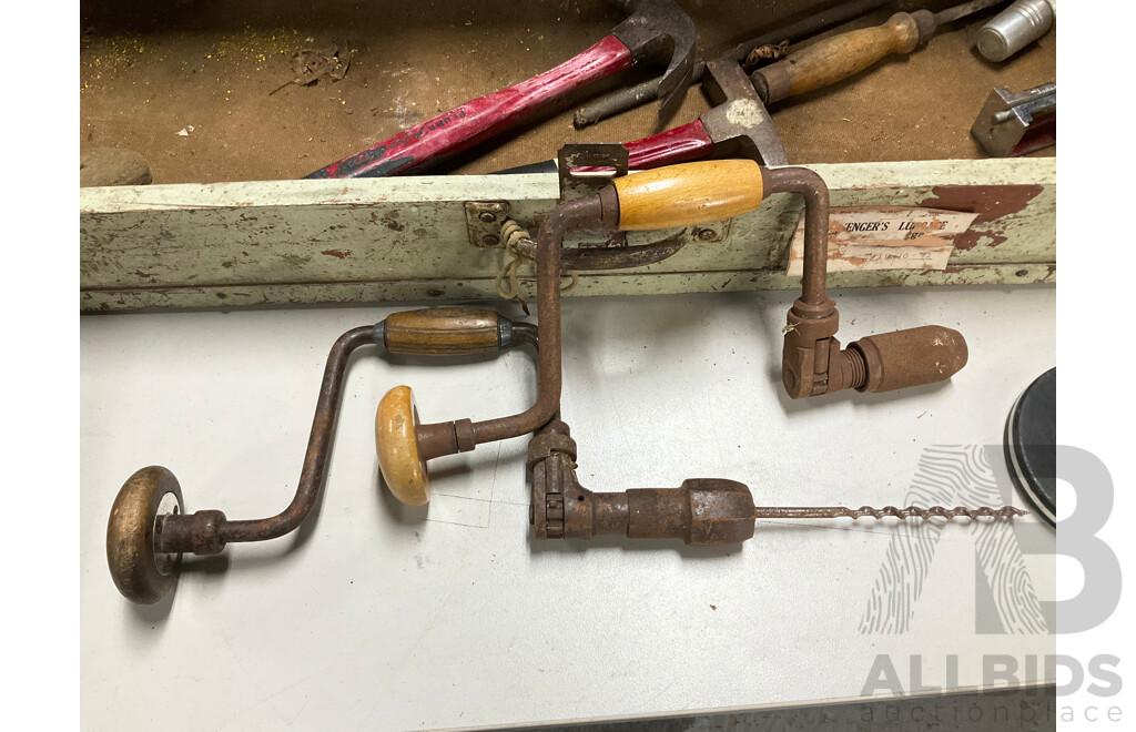 Vintage Carpenters Tool Box with Pouch of Auger Bits, Manual Hand Drills, Sharpening Stone Boxes, Lufkin and Chesterman Measuring Tapes and Hammers