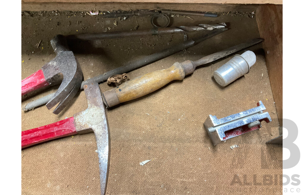 Vintage Carpenters Tool Box with Pouch of Auger Bits, Manual Hand Drills, Sharpening Stone Boxes, Lufkin and Chesterman Measuring Tapes and Hammers