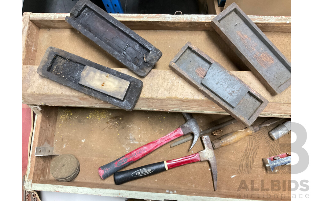 Vintage Carpenters Tool Box with Pouch of Auger Bits, Manual Hand Drills, Sharpening Stone Boxes, Lufkin and Chesterman Measuring Tapes and Hammers