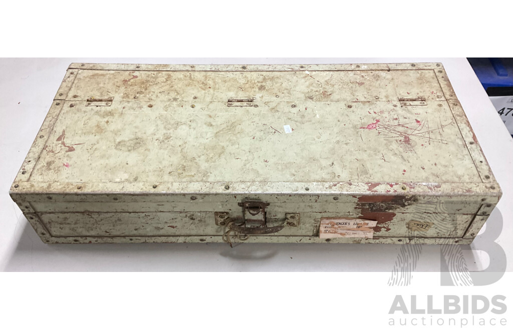 Vintage Carpenters Tool Box with Pouch of Auger Bits, Manual Hand Drills, Sharpening Stone Boxes, Lufkin and Chesterman Measuring Tapes and Hammers