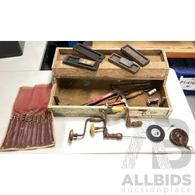 Vintage Carpenters Tool Box with Pouch of Auger Bits, Manual Hand Drills, Sharpening Stone Boxes, Lufkin and Chesterman Measuring Tapes and Hammers