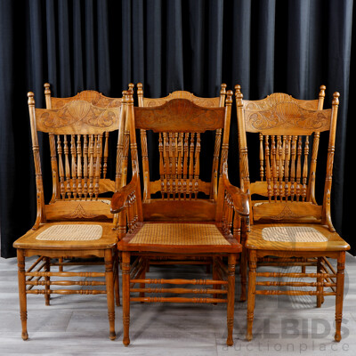 Good Set of Six American Oak Spindle Back Dining Chairs Inc One Carver