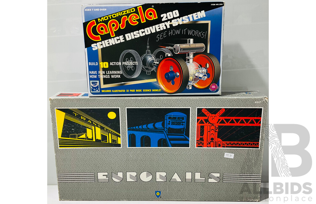 Vintage Eurorails Board Game Alongside Motorised Capsela 200 Science Discovery System