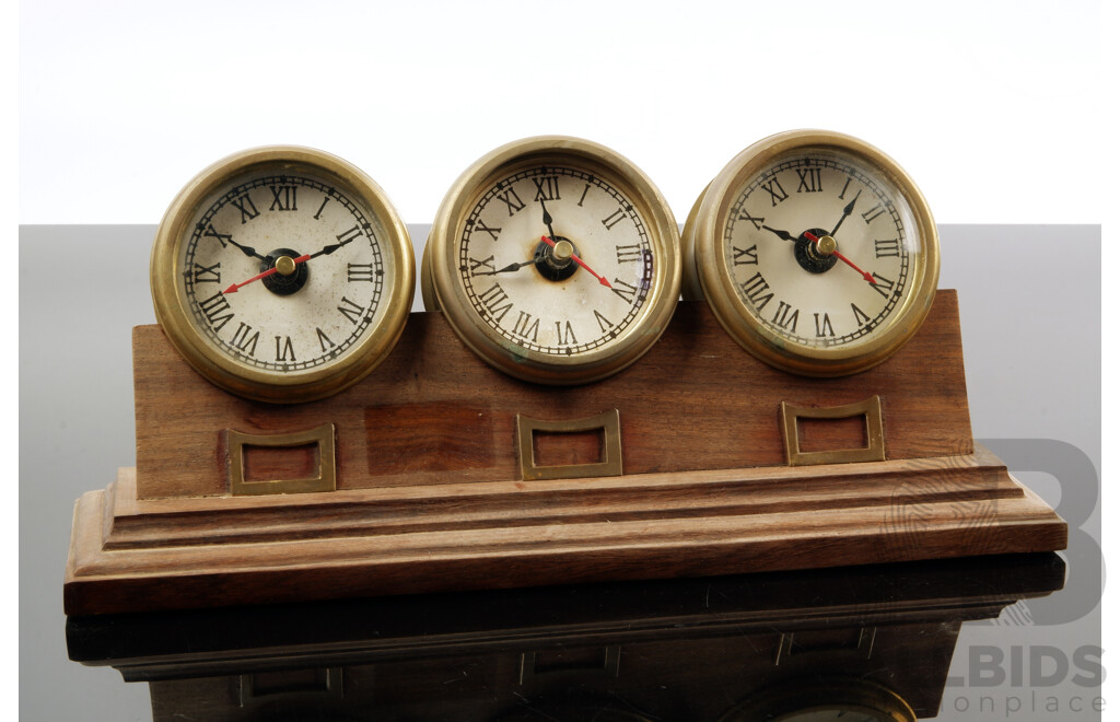 Vintage Brass Multi Time Zone Clock Set in Timber Stand