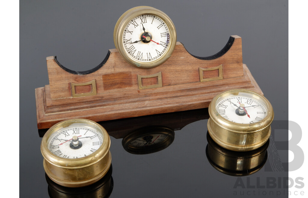 Vintage Brass Multi Time Zone Clock Set in Timber Stand