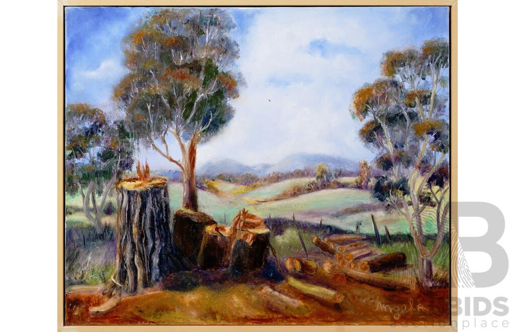 Angela Stankovic, (20th Century, Australian), Firewood Harvest, Oil on Canvas, 52.5 x 63 cm