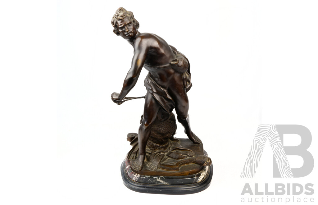 Bronze Statue of David, of Goliath Fame, Arming His Sling on Marble Base, After Bennini