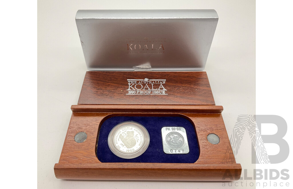 Australian Perth Mint 1990 Fifty Dollar Platinum Proof Coin, Australian Koala in Jarrah Case .9995