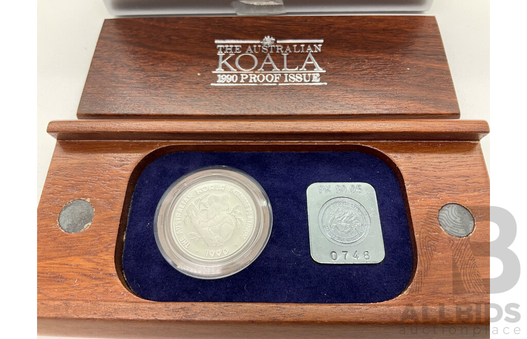 Australian Perth Mint 1990 Fifty Dollar Platinum Proof Coin, Australian Koala in Jarrah Case .9995