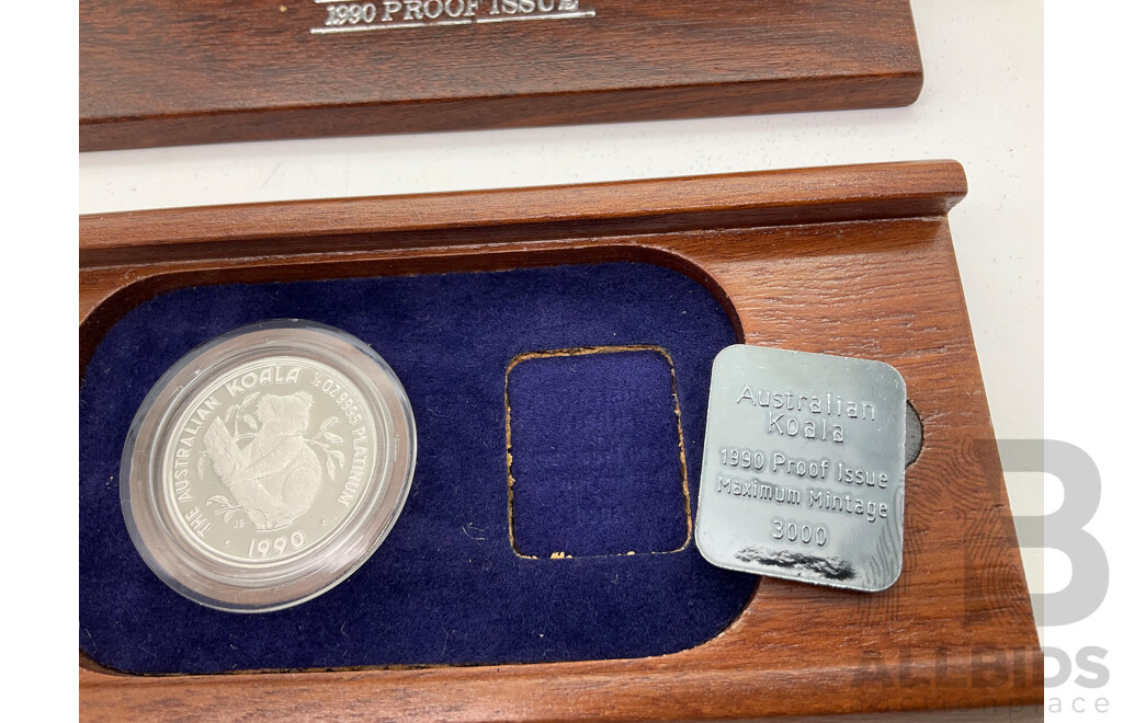 Australian Perth Mint 1990 Fifty Dollar Platinum Proof Coin, Australian Koala in Jarrah Case .9995