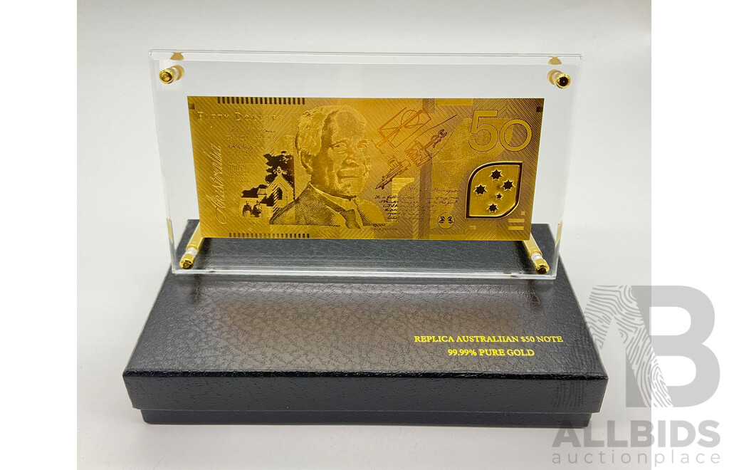 Australian Replica Fifty Dollar Gold Bank Note in Acrylic Display Case .999