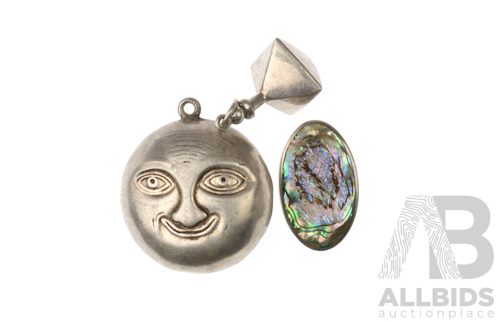 Sterling Silver (3) Pendants, Including Vintage Moonface with Harmony Bell, 26.31 Grams