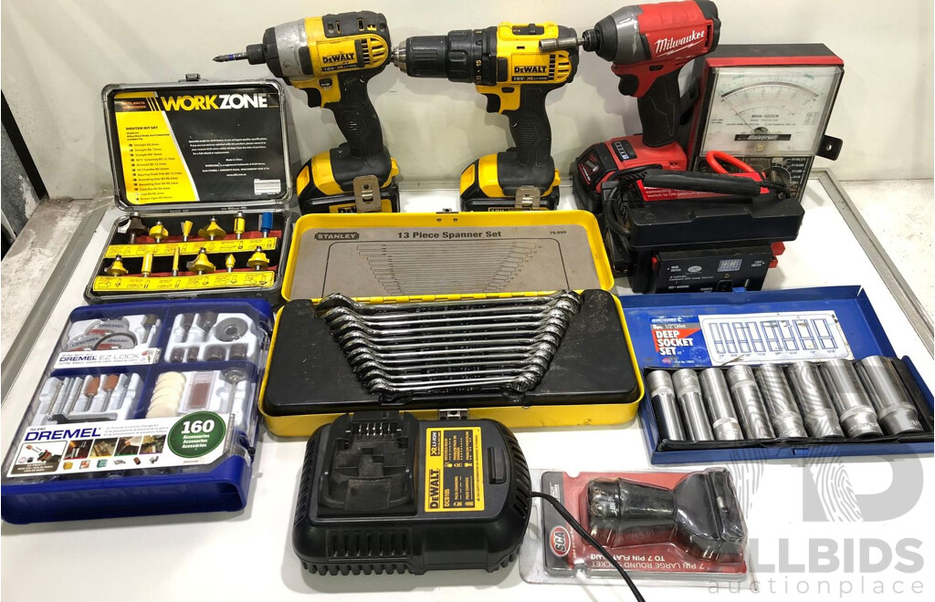 Selection of DeWalt and Milwaukee Cordless Power Tools with Various Hand Tools/Hardware