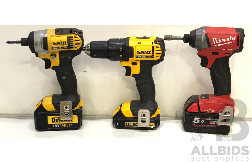 Selection of DeWalt and Milwaukee Cordless Power Tools with Various Hand Tools/Hardware