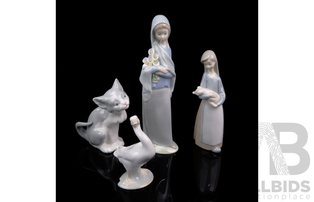 Collection Spanish Lladro Porcelain Figures Comprising Cat, Duck, Girl with Piglet & Woman with Lillies