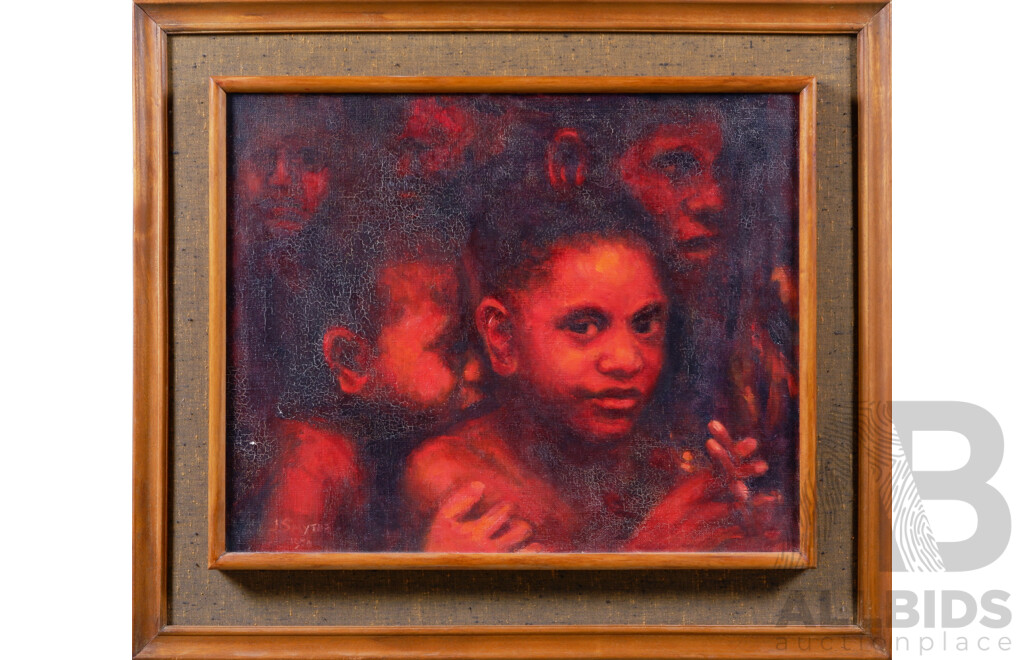 J Smythe, Indigenous Children, Oil on Canvas Cloth Mounted to Vintage Frame, 58 X 67 cm (frame)