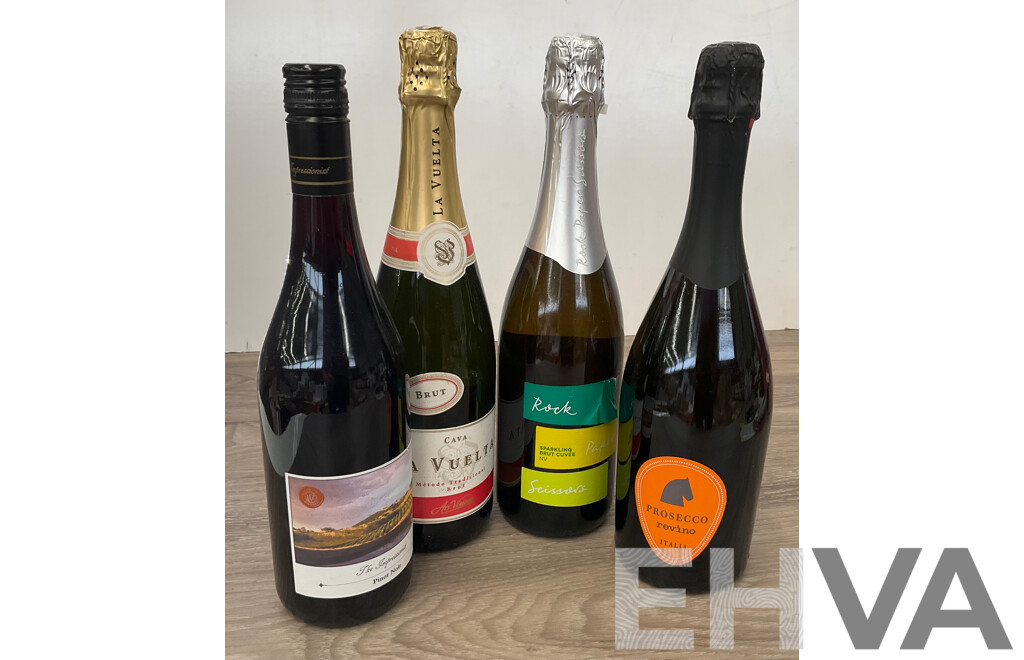 PROSECCO Revino, ROCK PAPER SCISSOR Sparkling Brut Cuvee & CAVA La Vuelta Brut & the IMPRESSIONIST Pinot Noir  - Lot of 4