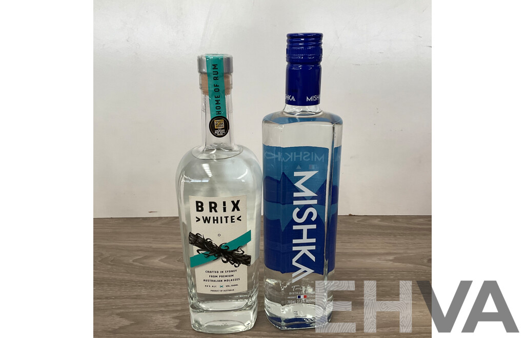 MISHKA Vodka 700ml & BRIX White Rum 700ml - Lot of 2