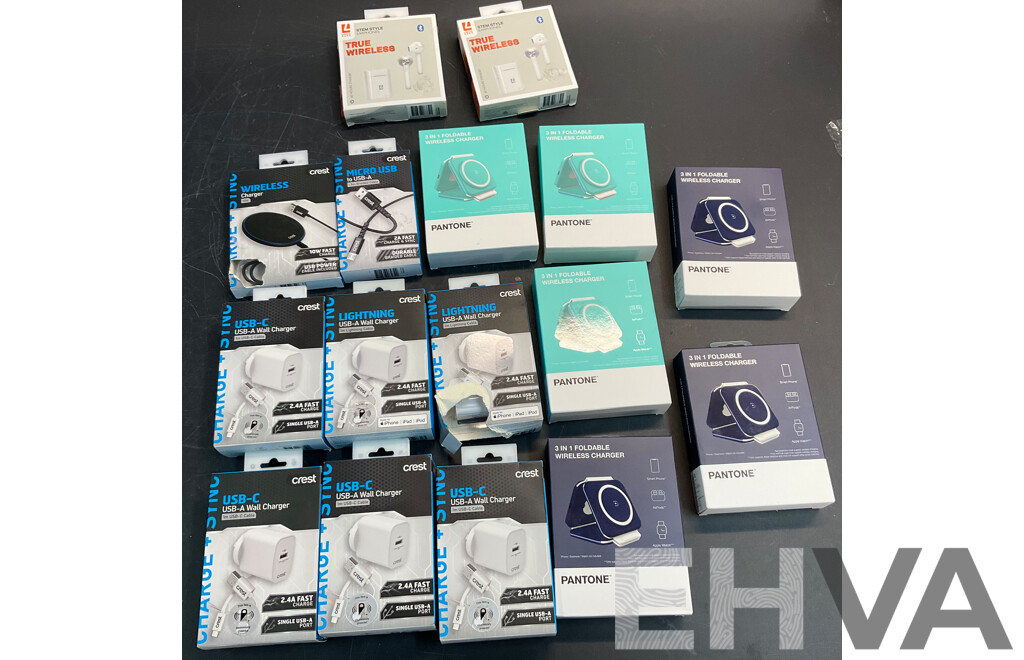 Assorted of  CREST Charger/Cable , PANTONE Wireless Charger ,LIQUID EARS Earphones - Lot of 16