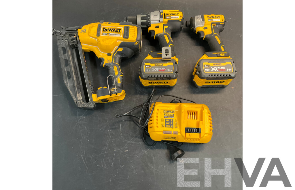 DEWALT DCF887 Impact Driver & DCD996 Hammer Combi Drill & DCN660 Finisher Nailer with 2 X6Ah 18V Battery and 1x Changer