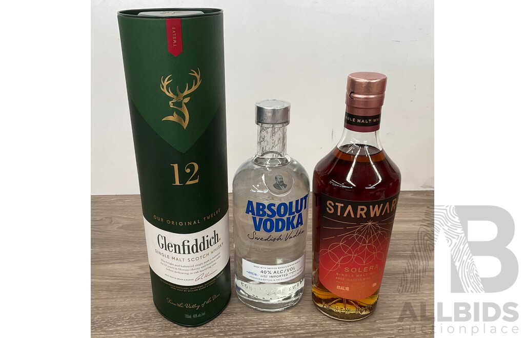 GLENFIDDICH 12YO Single Malt Scotch Whisky & ABSOLUT Vodka & STARWARD Single Malt Whisky  - Lot of 3