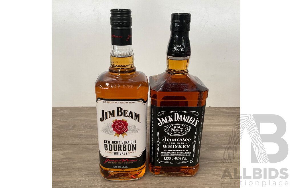 JIMBEAM Bourbon Whisky 1 Litre & JACK DANIELS Tennessee Whiskey - Lot of 2