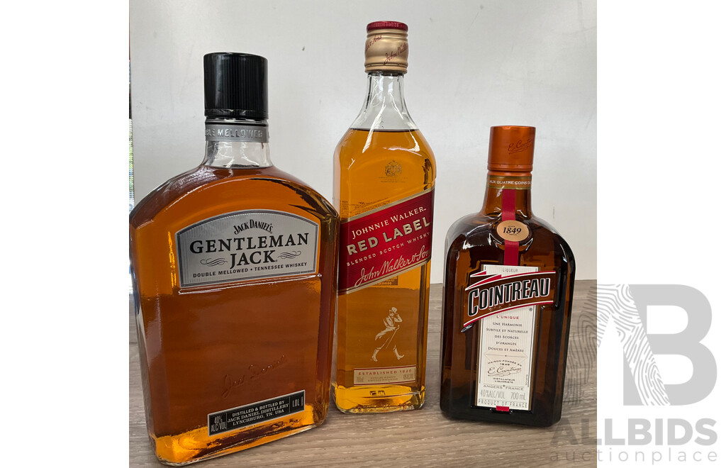 JACK DANIELS Gentleman Jack Whiskey & JOHNIE WALKER Red Label Whisky & COINTREAU Liqueur- Lot of 3