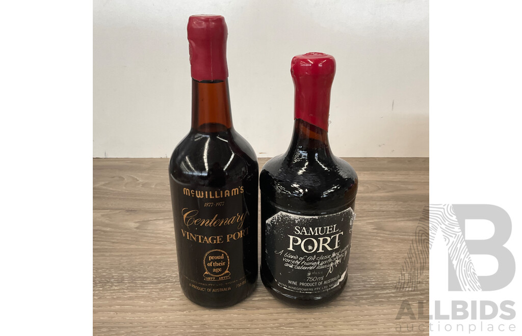 McWILLIAMS Centenary Vintage Port 1977 750ml & SAMUEL PORT  Wine 750ml - Lot of 2