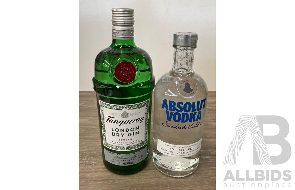 ABSOLUT Vodka 700ml & TANQUERAY London Dry Gin 1L - Lot of 2